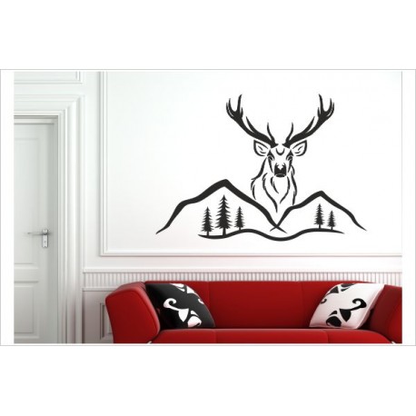 Hirsch Hirschkopf Geweih Jagd Jäger Landschaft Berge Deer Wandaufkleber Wandtattoo Aufkleber Sticker