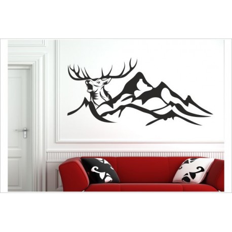 Hirsch Hirschkopf Reh Geweih Jagd Jäger Landschaft Berge Deer Wandaufkleber Wandtattoo Aufkleber Sticker