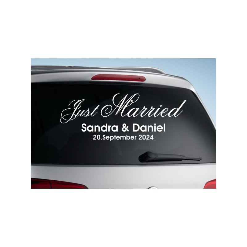 Aufkleber Just Married Ehe Hochzeit Paar Liebe Herz Ringe Datum Namen