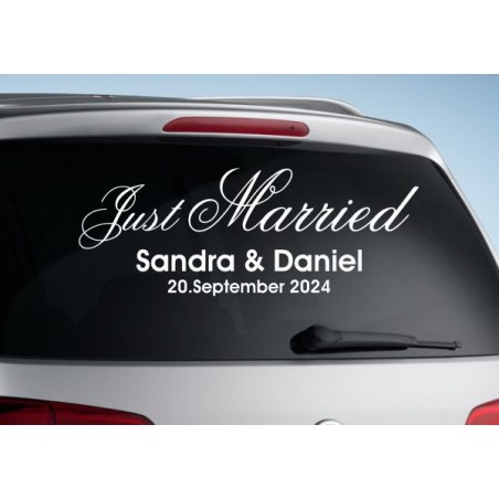 Aufkleber Just Married Ehe Hochzeit Paar Liebe Herz Ringe Datum Namen