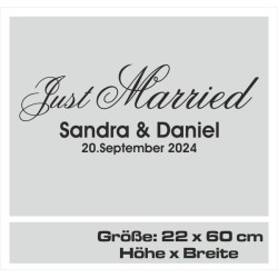 Aufkleber Just Married Ehe Hochzeit Paar Liebe Herz Ringe Datum Namen