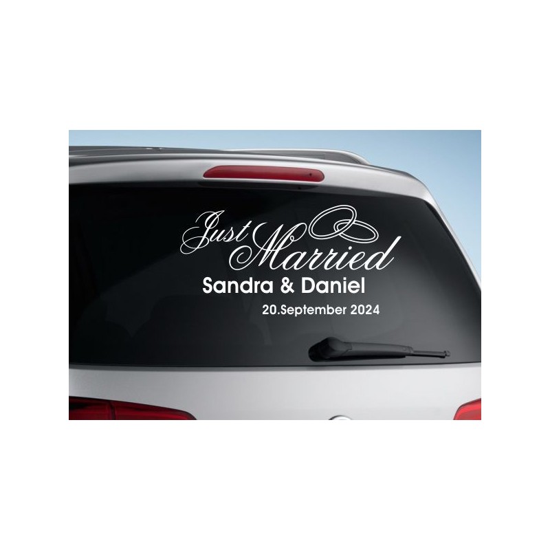 Aufkleber Just Married Ehe Hochzeit Paar Liebe Herz Ringe Datum Namen