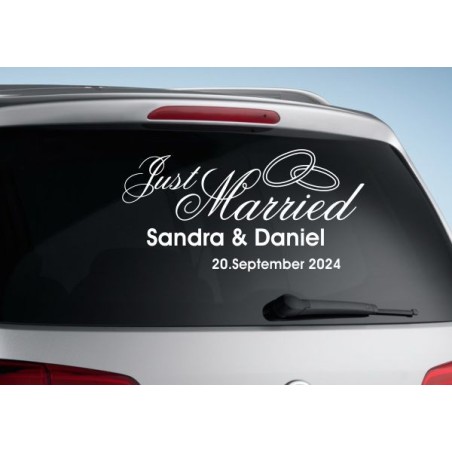 Aufkleber Just Married Ehe Hochzeit Paar Liebe Herz Ringe Datum Namen