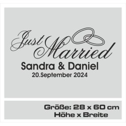 Aufkleber Just Married Ehe Hochzeit Paar Liebe Herz Ringe Datum Namen