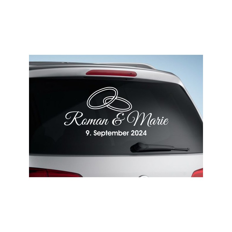 Aufkleber Just Married Ehe Hochzeit Paar Liebe Herz Ringe Datum Namen