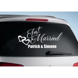 Aufkleber Just Married Ehe Hochzeit Paar Liebe Herz Ringe Datum Namen