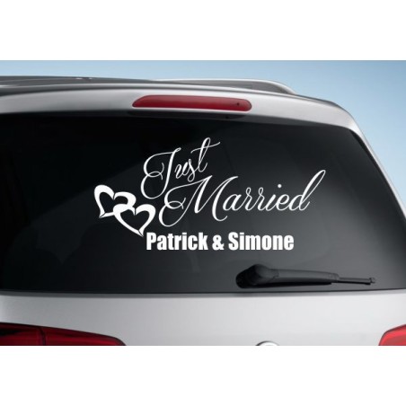 Aufkleber Just Married Ehe Hochzeit Paar Liebe Herz Ringe Datum Namen