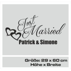 Aufkleber Just Married Ehe Hochzeit Paar Liebe Herz Ringe Datum Namen