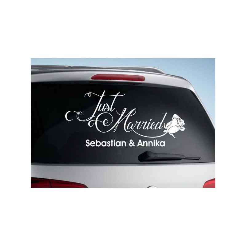 Aufkleber Just Married Ehe Hochzeit Paar Liebe Herz Ringe Datum Namen