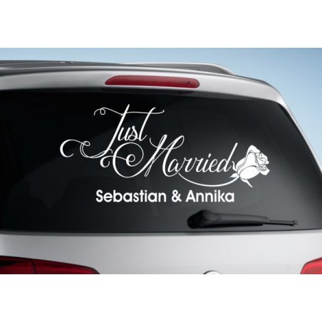 Aufkleber Just Married Ehe Hochzeit Paar Liebe Herz Ringe Datum Namen