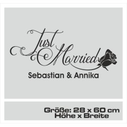 Aufkleber Just Married Ehe Hochzeit Paar Liebe Herz Ringe Datum Namen