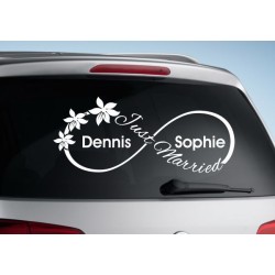 Aufkleber Just Married Ehe Hochzeit Paar Liebe Herz Ringe Datum Namen