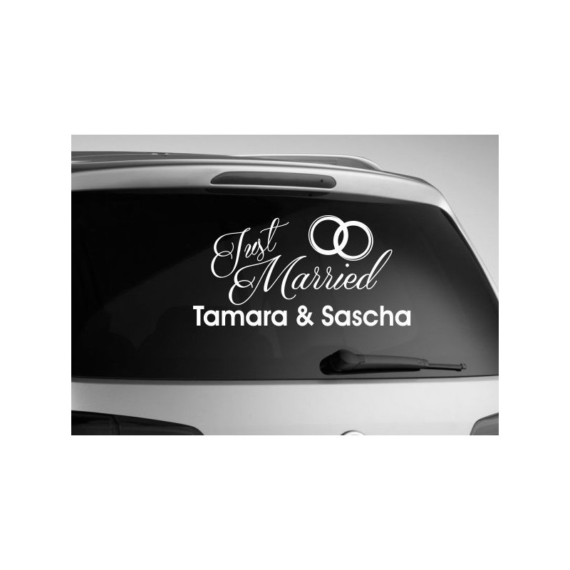 Aufkleber Just Married Ehe Hochzeit Paar Liebe Herz Ringe Datum Namen