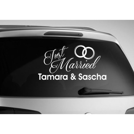 Aufkleber Just Married Ehe Hochzeit Paar Liebe Herz Ringe Datum Namen