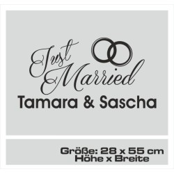 Aufkleber Just Married Ehe Hochzeit Paar Liebe Herz Ringe Datum Namen