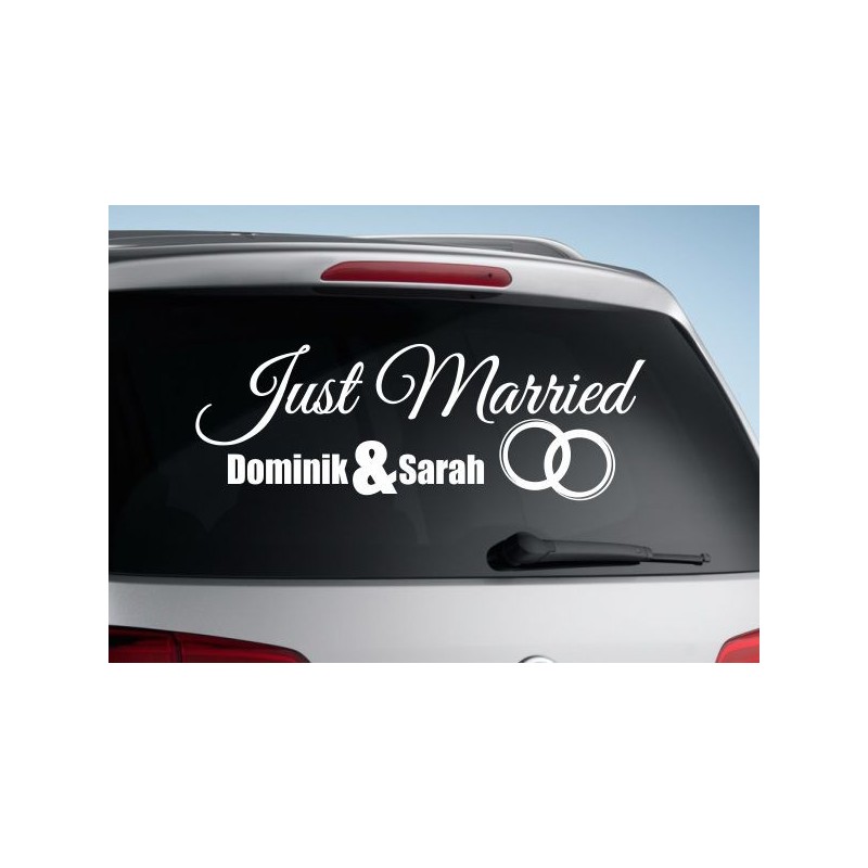 Aufkleber Just Married Ehe Hochzeit Paar Liebe Herz Ringe Datum Namen