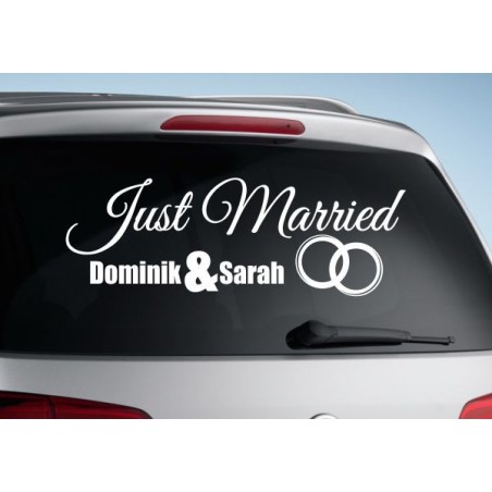 Aufkleber Just Married Ehe Hochzeit Paar Liebe Herz Ringe Datum Namen