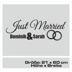 Aufkleber Just Married Ehe Hochzeit Paar Liebe Herz Ringe Datum Namen