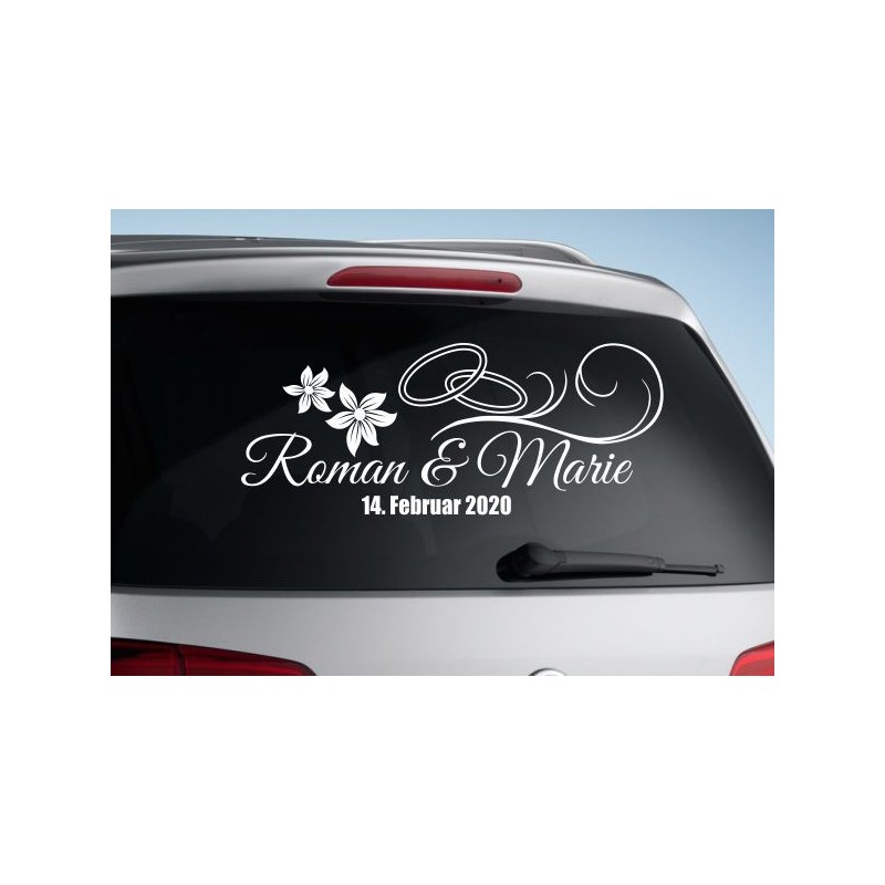 Aufkleber Just Married Ehe Hochzeit Paar Liebe Herz Ringe Datum Namen