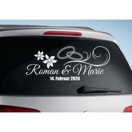 Aufkleber Just Married Ehe Hochzeit Paar Liebe Herz Ringe Datum Namen