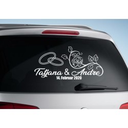 Aufkleber Just Married Ehe Hochzeit Paar Liebe Herz Ringe Datum Namen