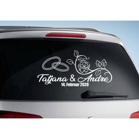 Aufkleber Just Married Ehe Hochzeit Paar Liebe Herz Ringe Datum Namen