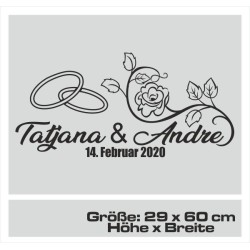 Aufkleber Just Married Ehe Hochzeit Paar Liebe Herz Ringe Datum Namen