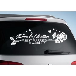 Aufkleber Just Married Ehe Hochzeit Paar Liebe Herz Ringe Datum Namen