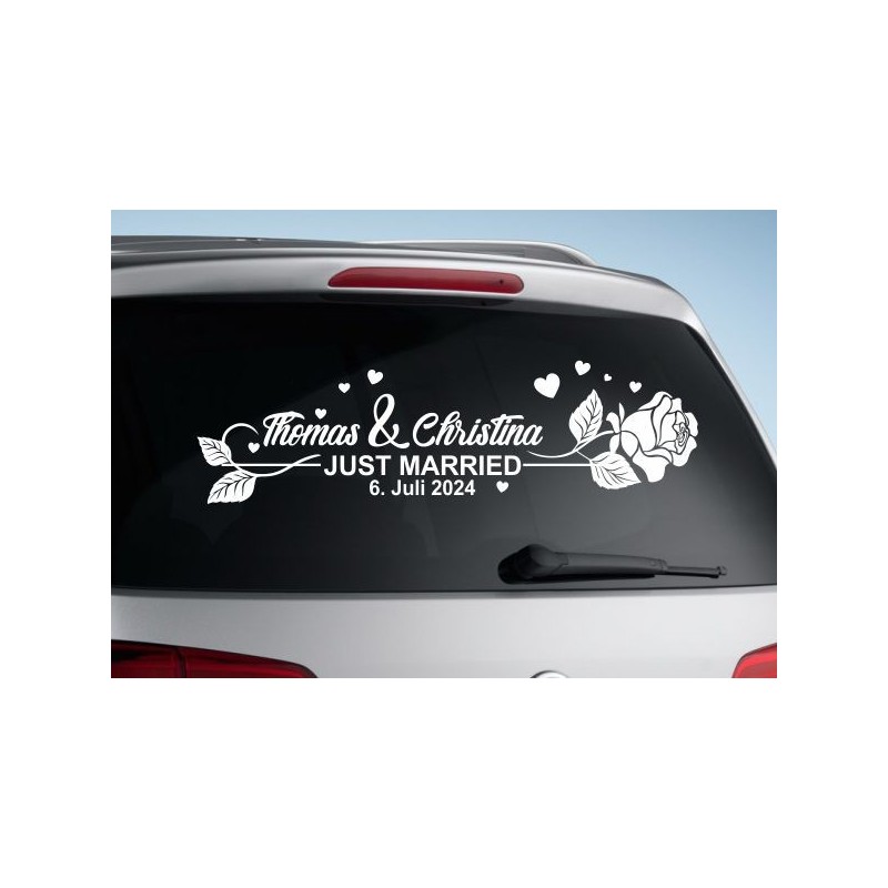 Aufkleber Just Married Ehe Hochzeit Paar Liebe Herz Ringe Datum Namen