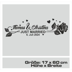 Aufkleber Just Married Ehe Hochzeit Paar Liebe Herz Ringe Datum Namen