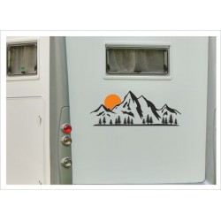 Wohnmobil Wohnwagen Caravan Camper Berge Landschaft Sonne Tanne Wald 2farbig Aufkleber Beschriftung Auto