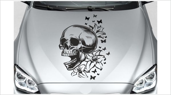 Motorhaube Auto-Aufkleber Totenkopf Skull Schmetterlinge Metall