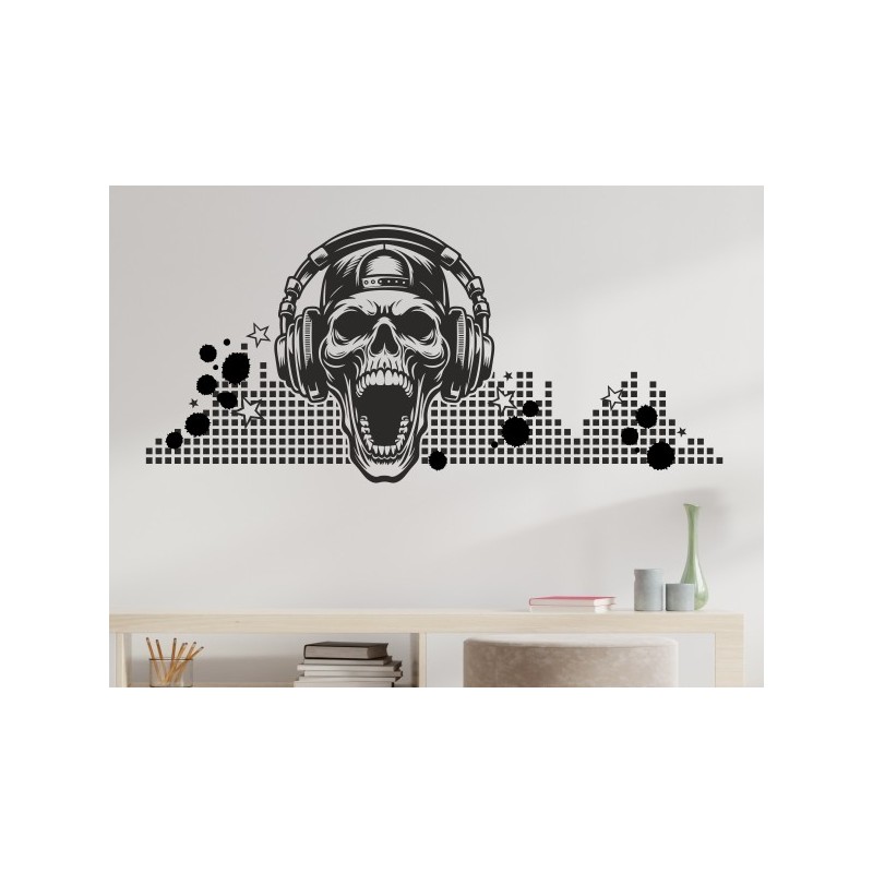 Wandaufkleber Musik DJ Kopfhörer Sound Bass Totenkopf Music Aufkleber Wand Wandtattoo 06