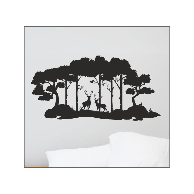 Wandaufkleber Romantischer Wald Birke Reh Hirsch Hase Traum Träume Aufkleber Wand Wandtattoo 05