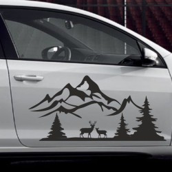 Aufkleber SET Auto Offroad 4x4 Landschaft Wald Reh Hirsch Tanne Berge 50