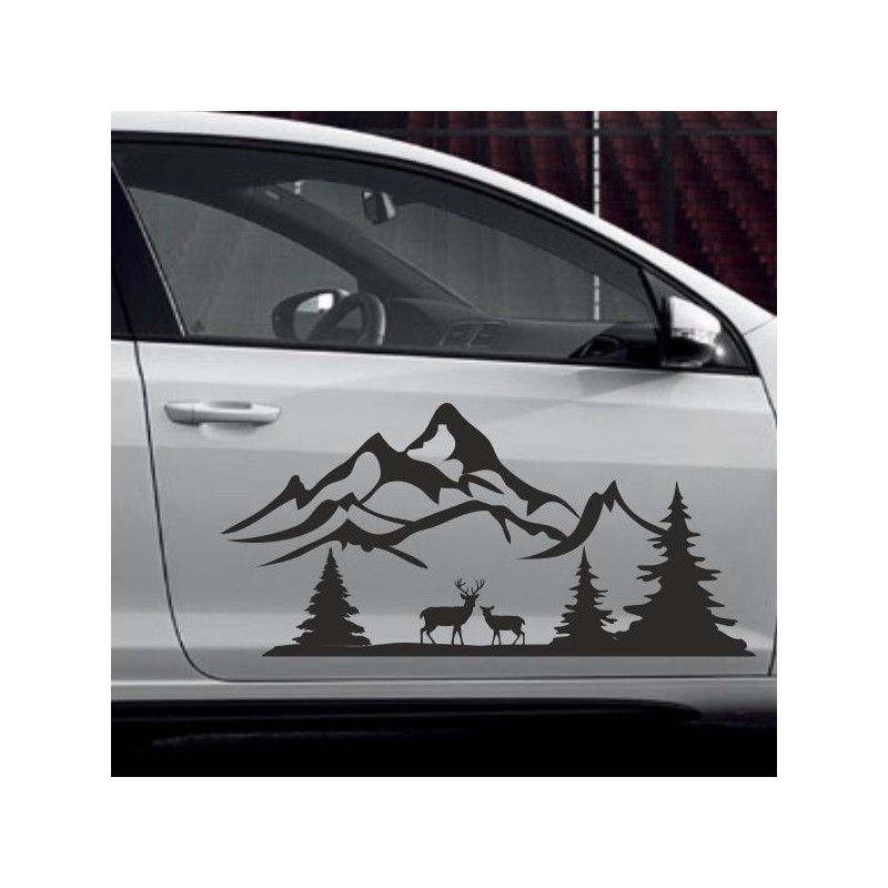 Aufkleber SET Auto Offroad 4x4 Landschaft Wald Reh Hirsch Tanne Berge 50