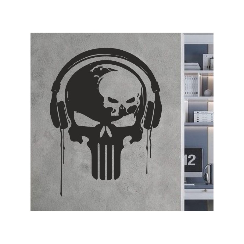 Wandaufkleber Totenkopf Skull DJ Kopfhörer Punisher Aufkleber Wand 01