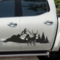 Aufkleber SET Offroad 4x4 Berge Landschaft Wald Tanne Panorama Hirsch Jäger Geweih Auto 57
