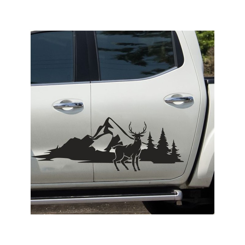 Aufkleber SET Offroad 4x4 Berge Landschaft Wald Tanne Panorama Hirsch Jäger Geweih Auto 57