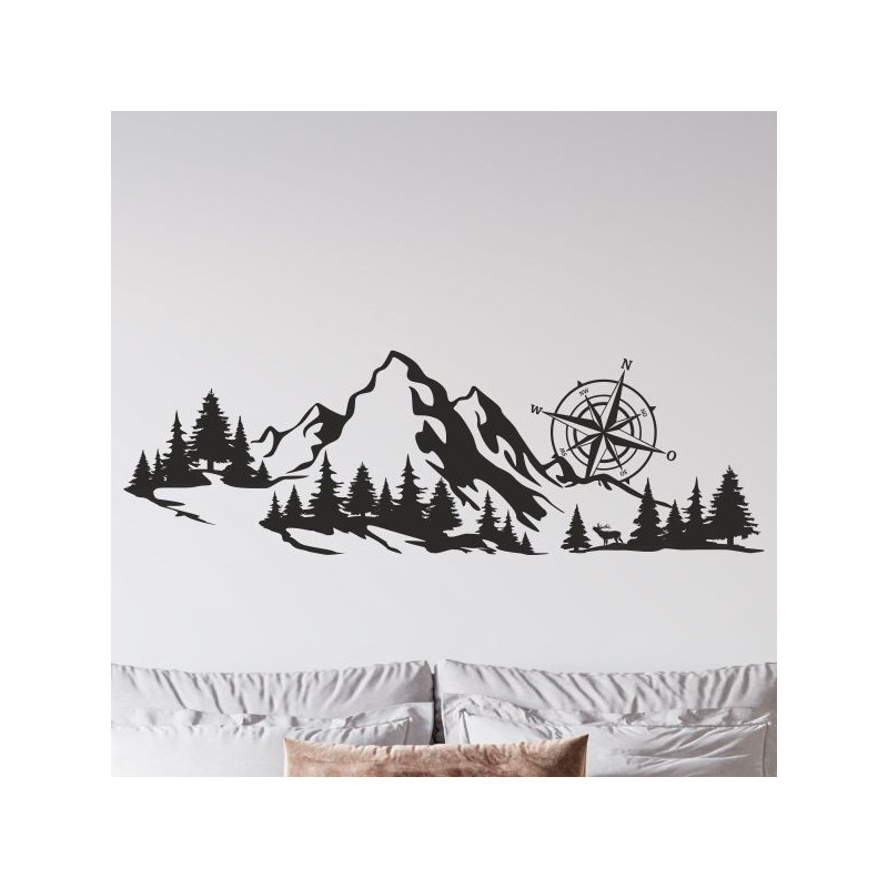 Wandaufkleber Wandtattoo Aufkleber Wand Tattoo Landschaft Berge Alpen Weg Kompass Hirsch Geweih Panorama Wandern Globus Biker