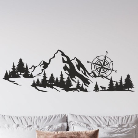 Wandaufkleber Wandtattoo Aufkleber Wand Tattoo Landschaft Berge Alpen Weg Kompass Hirsch Geweih Panorama Wandern Globus Biker