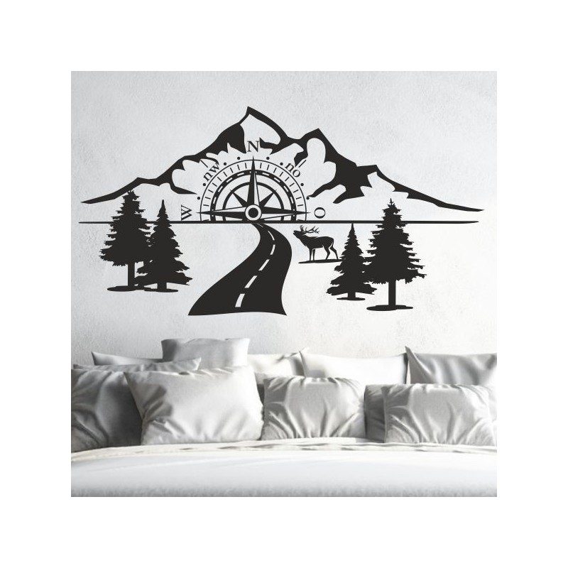 Wandaufkleber Wandtattoo Aufkleber Wand Tattoo Landschaft Berge Alpen Weg Kompass Hirsch Geweih Panorama Wandern Globus Biker