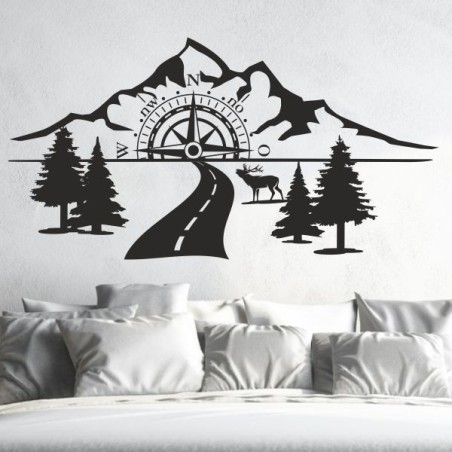 Wandaufkleber Wandtattoo Aufkleber Wand Tattoo Landschaft Berge Alpen Weg Kompass Hirsch Geweih Panorama Wandern Globus Biker