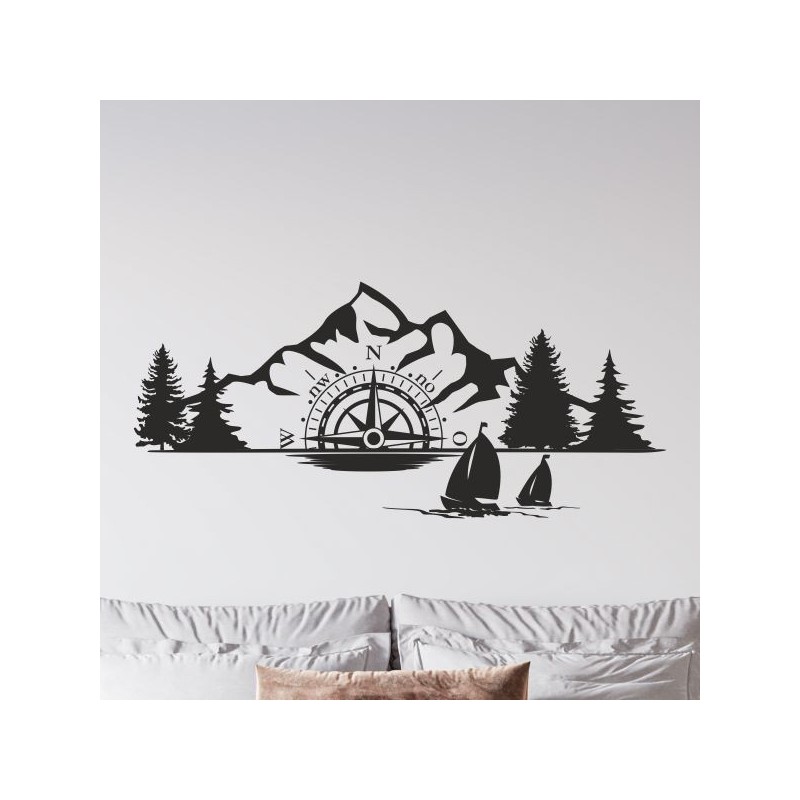 Wandaufkleber Wandtattoo Aufkleber Wand Tattoo Landschaft Berge Alpen Weg Kompass Hirsch Geweih Panorama Wandern Globus Biker