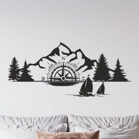 Wandaufkleber Wandtattoo Aufkleber Wand Tattoo Landschaft Berge Alpen Weg Kompass Hirsch Geweih Panorama Wandern Globus Biker