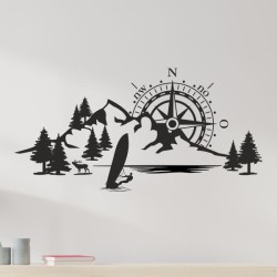 Wandaufkleber Wandtattoo Aufkleber Wand Tattoo Landschaft Berge Alpen Weg Kompass Hirsch Geweih Panorama Wandern Globus Biker