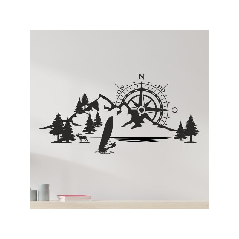 Wandaufkleber Wandtattoo Aufkleber Wand Tattoo Landschaft Berge Alpen Weg Kompass Hirsch Geweih Panorama Wandern Globus Biker