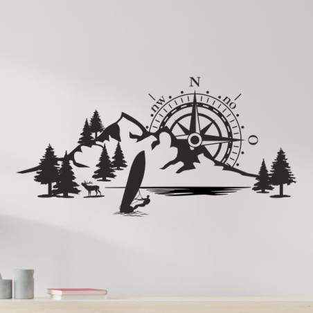 Wandaufkleber Wandtattoo Aufkleber Wand Tattoo Landschaft Berge Alpen Weg Kompass Hirsch Geweih Panorama Wandern Globus Biker
