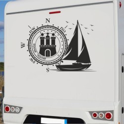 Aufkleber Wohnmobil Wohnwagen Reise Camping Auto Reisemobil Möwe Meer Kompass Globus Strand Palme Urlaub Spruch Familie Zuhause