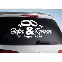 Aufkleber Just Married Ehe Hochzeit Paar Liebe Herz Ringe Datum Namen